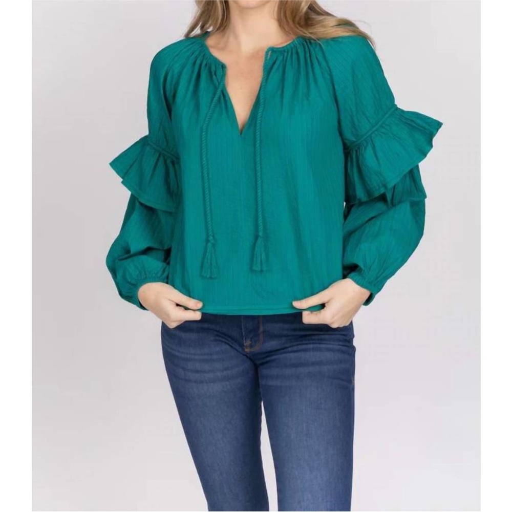 ULLA JOHNSON Concetta Blouse Verdigris Green Peasant Blouse Puff Sleeve Size‎ 10 - Picture 15 of 15